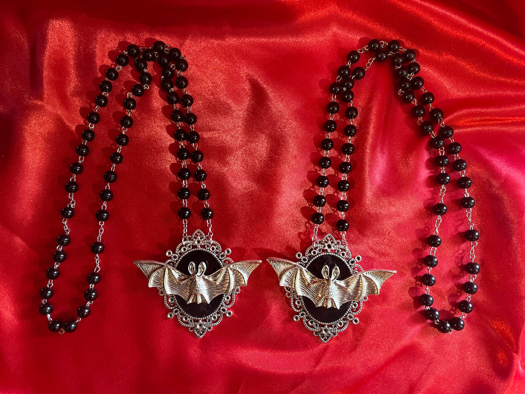 Bat in Ornate Frame Pendant Necklace on Rosary Bead Chain