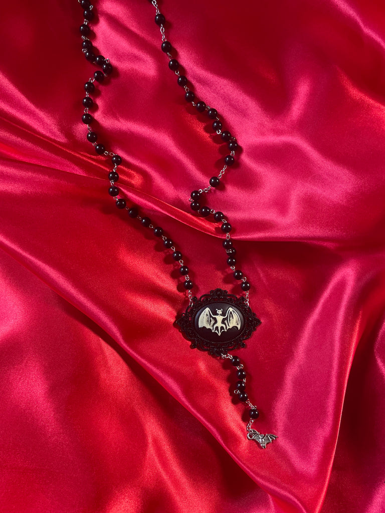 Bat Cameo Rosary Necklace