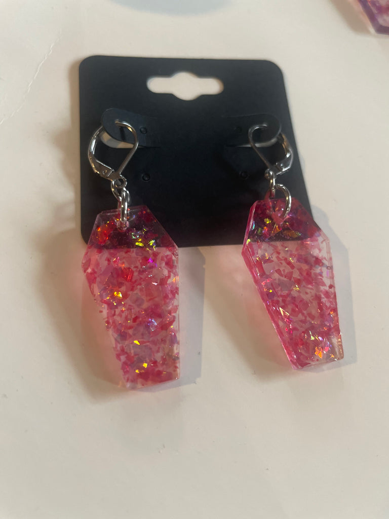 Hanging glitter resin coffin earrings