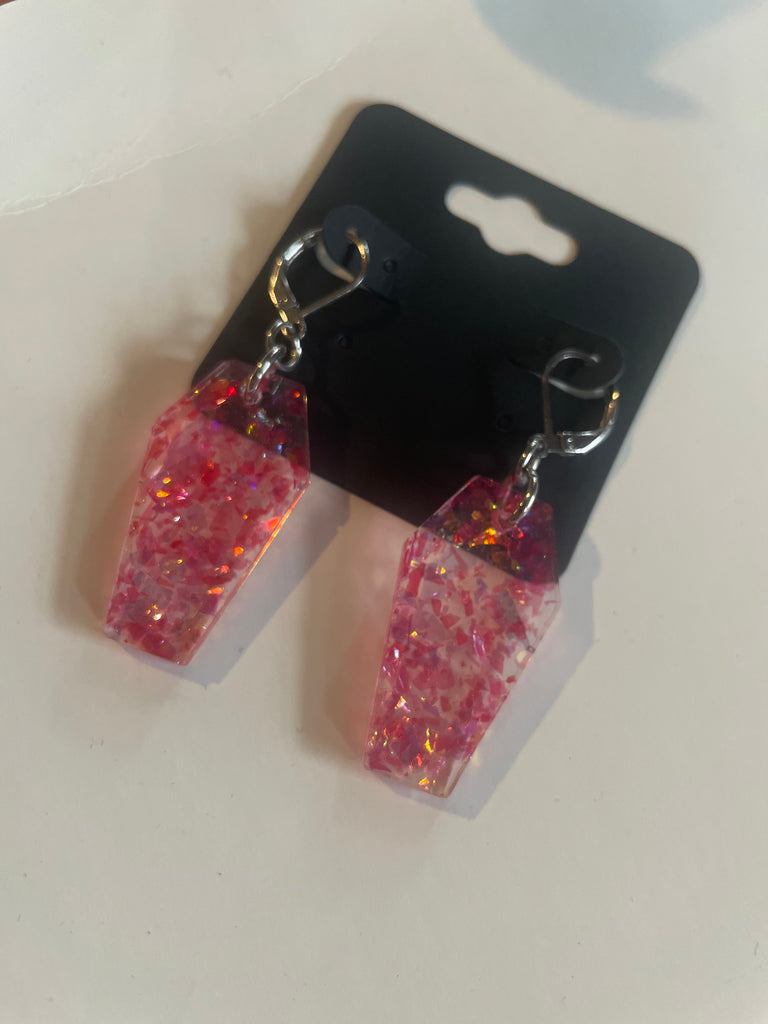 Hanging glitter resin coffin earrings