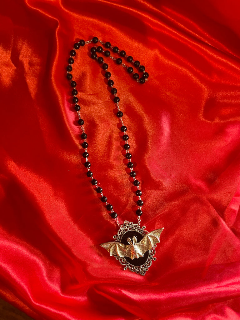 Bat in Ornate Frame Pendant Necklace on Rosary Bead Chain