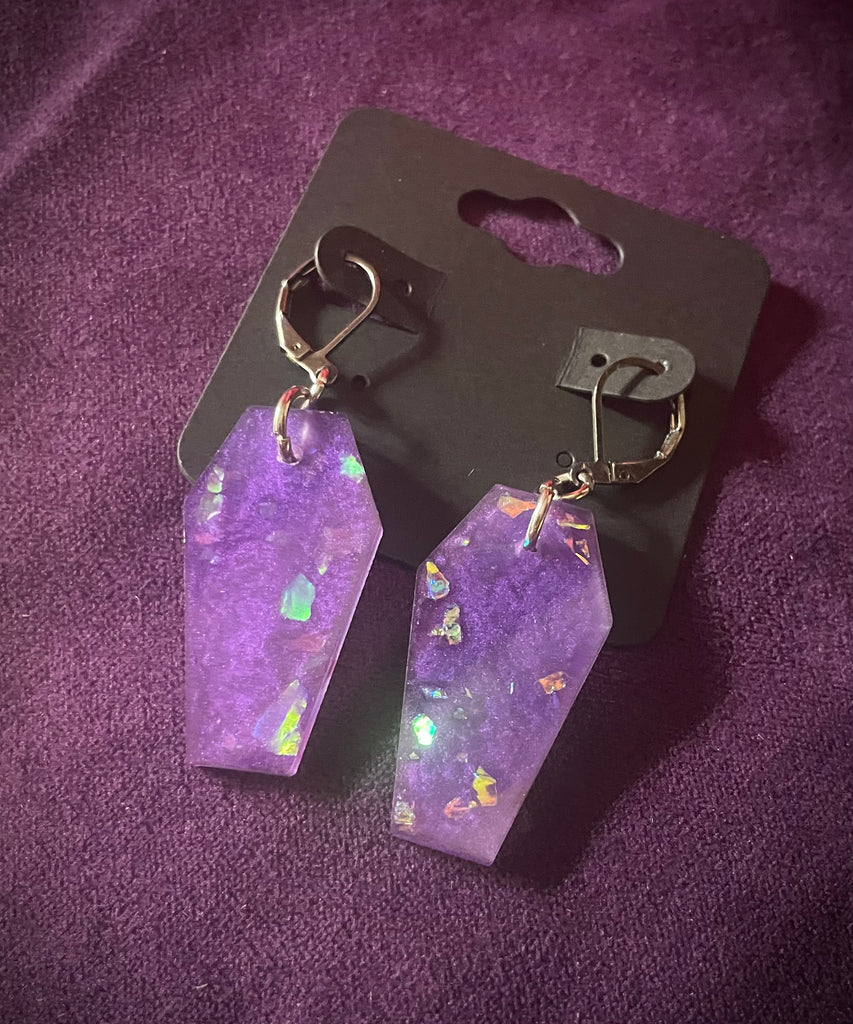 Hanging glitter resin coffin earrings