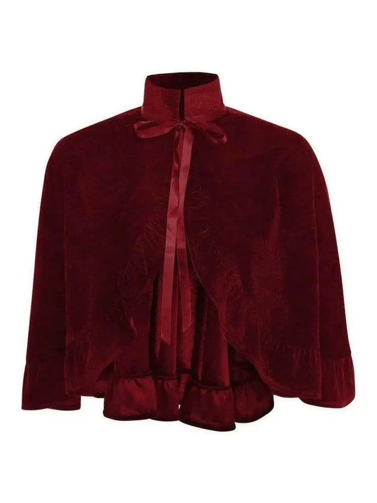 Dark Red Velvet Ruffle Cape