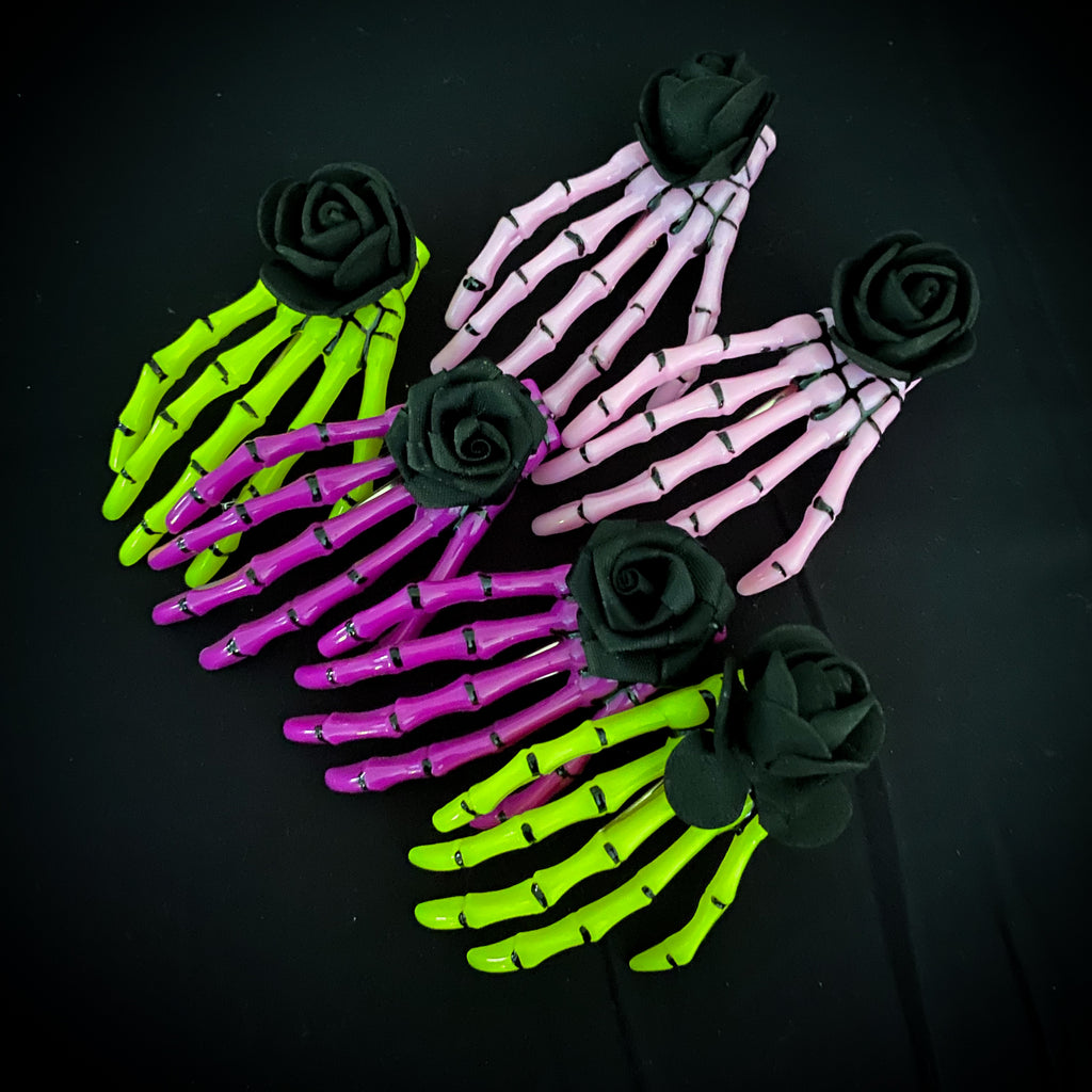 Skeleton Hand Flower Hair Clips