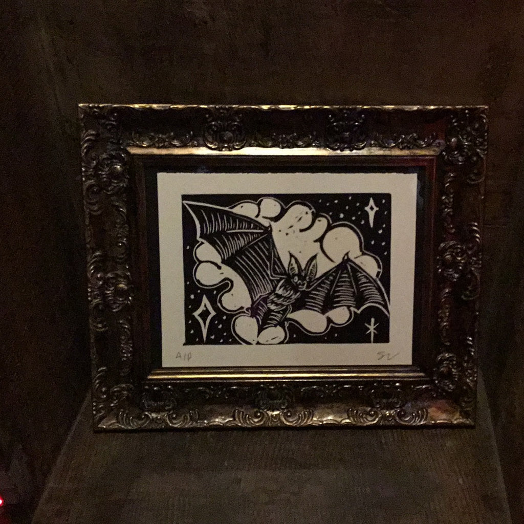 Framed Linocut Bat Print by Stacey Colangelo